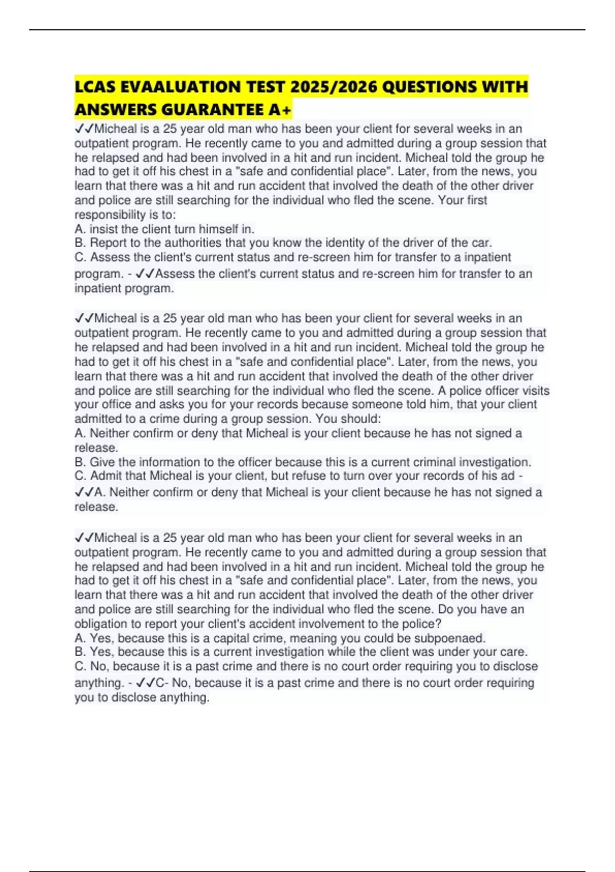 LCAS EVAALUATION TEST 2025/2026 QUESTIONS WITH ANSWERS GUARANTEE A+ ...