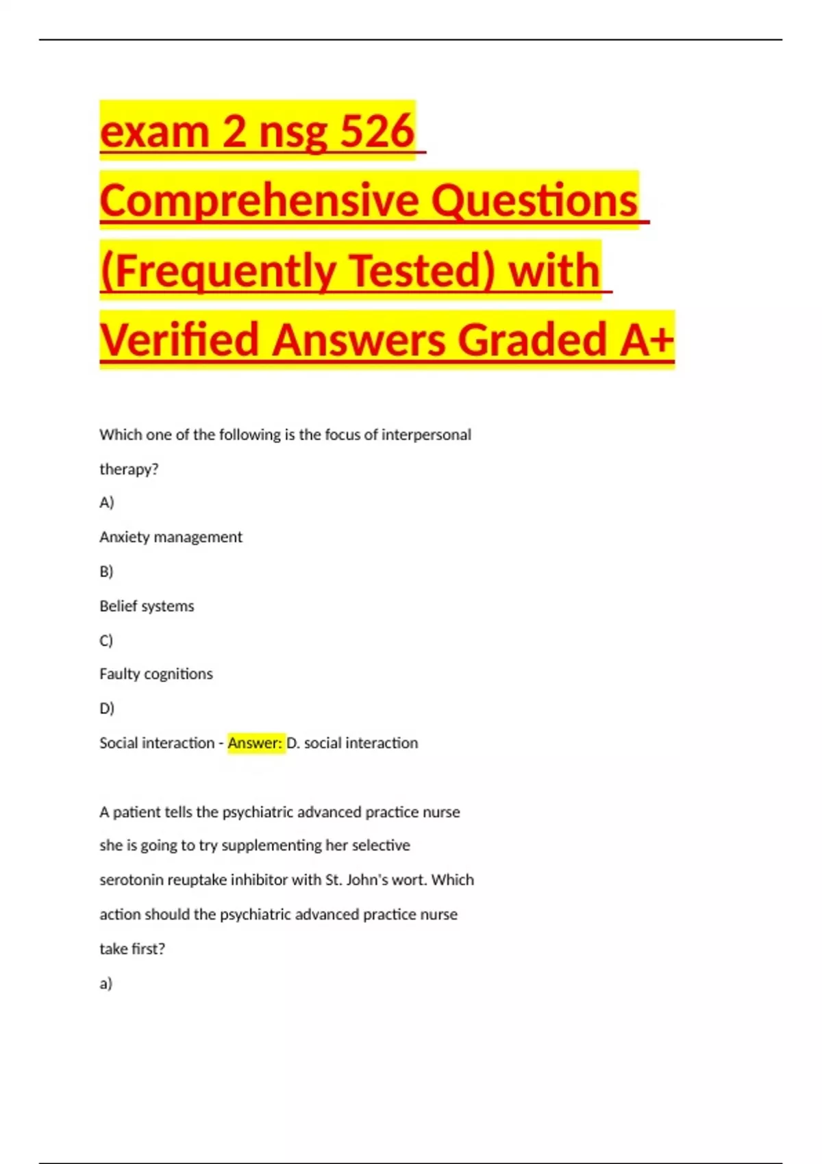 exam 2 nsg 526 Comprehensive Questions (Frequently Tested) with ...