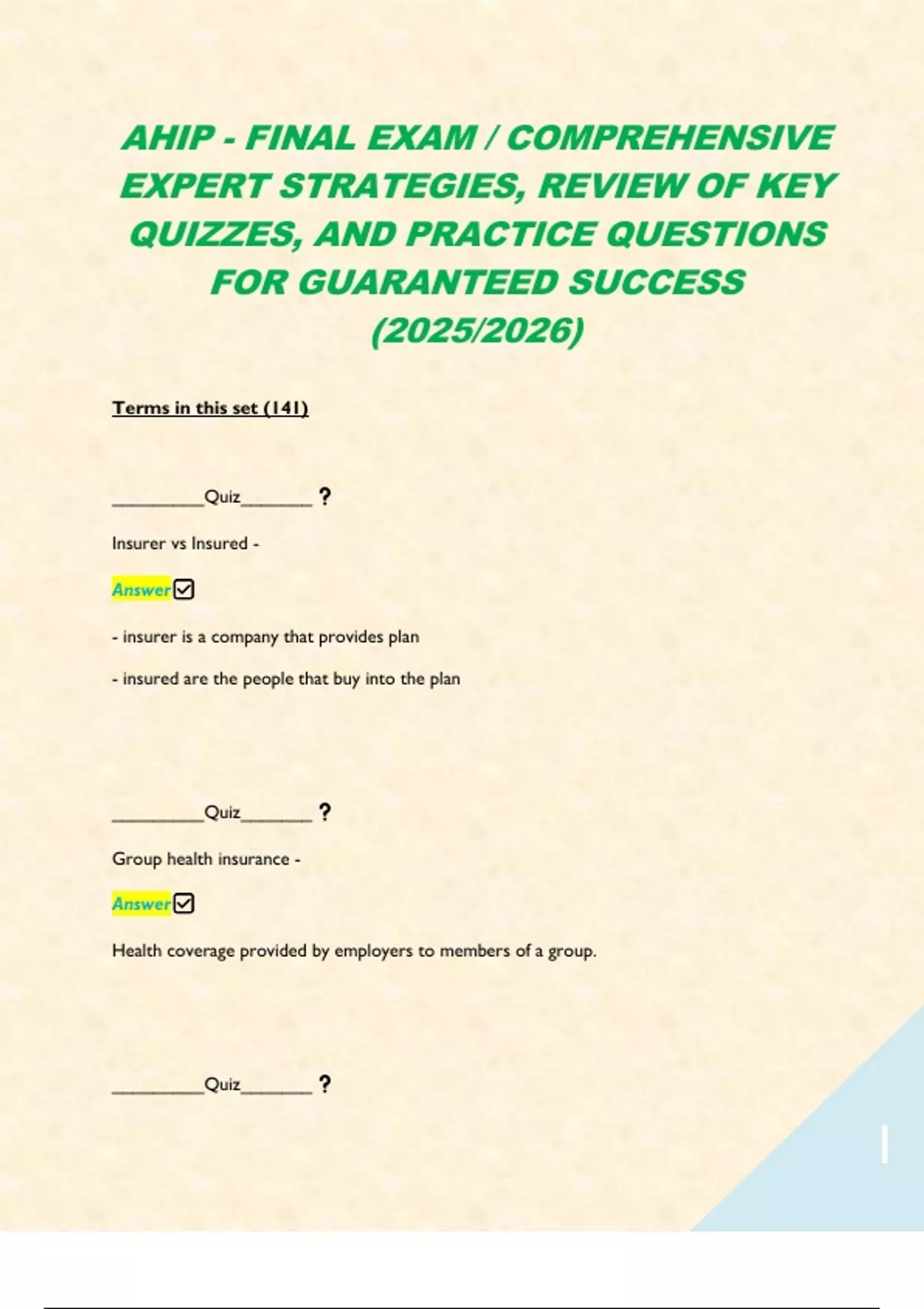 AHIP - FINAL EXAM / COMPREHENSIVE EXPERT STRATEGIES, REVIEW OF KEY ...