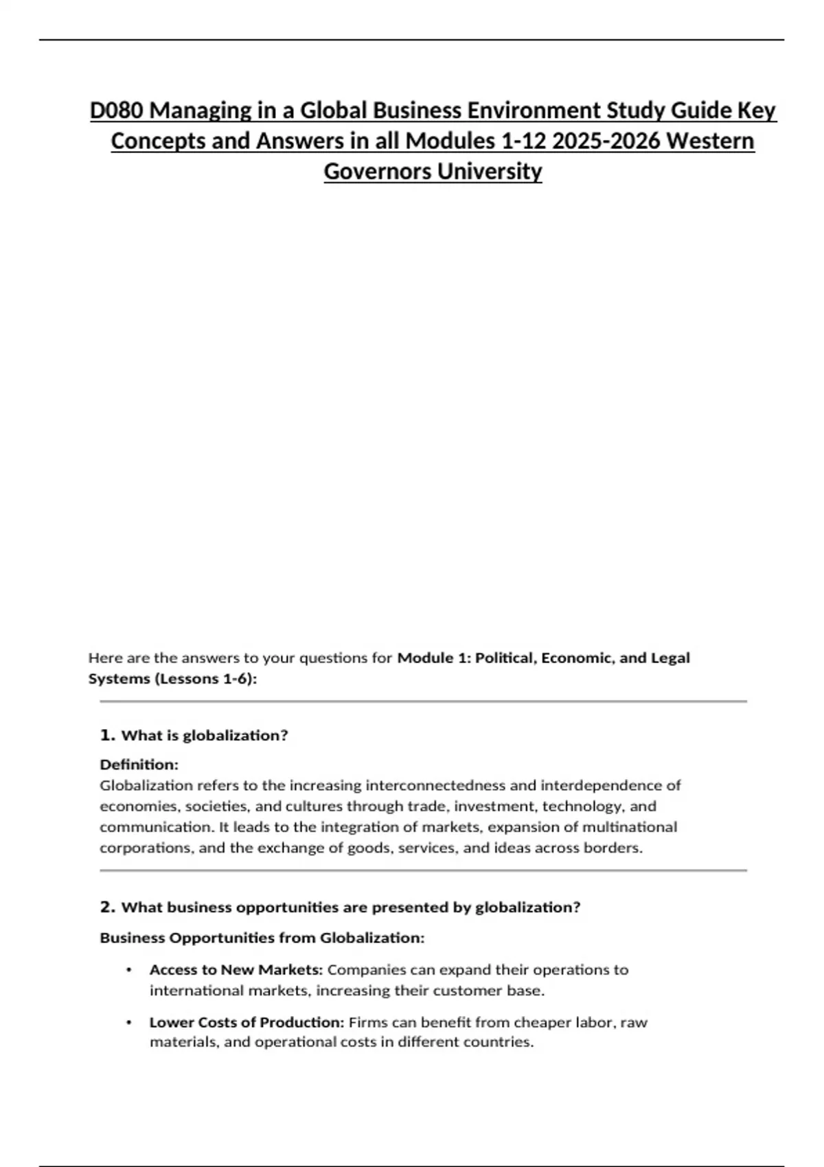 D080 Managing in a Global Business Environment Study Guide Key Concepts ...