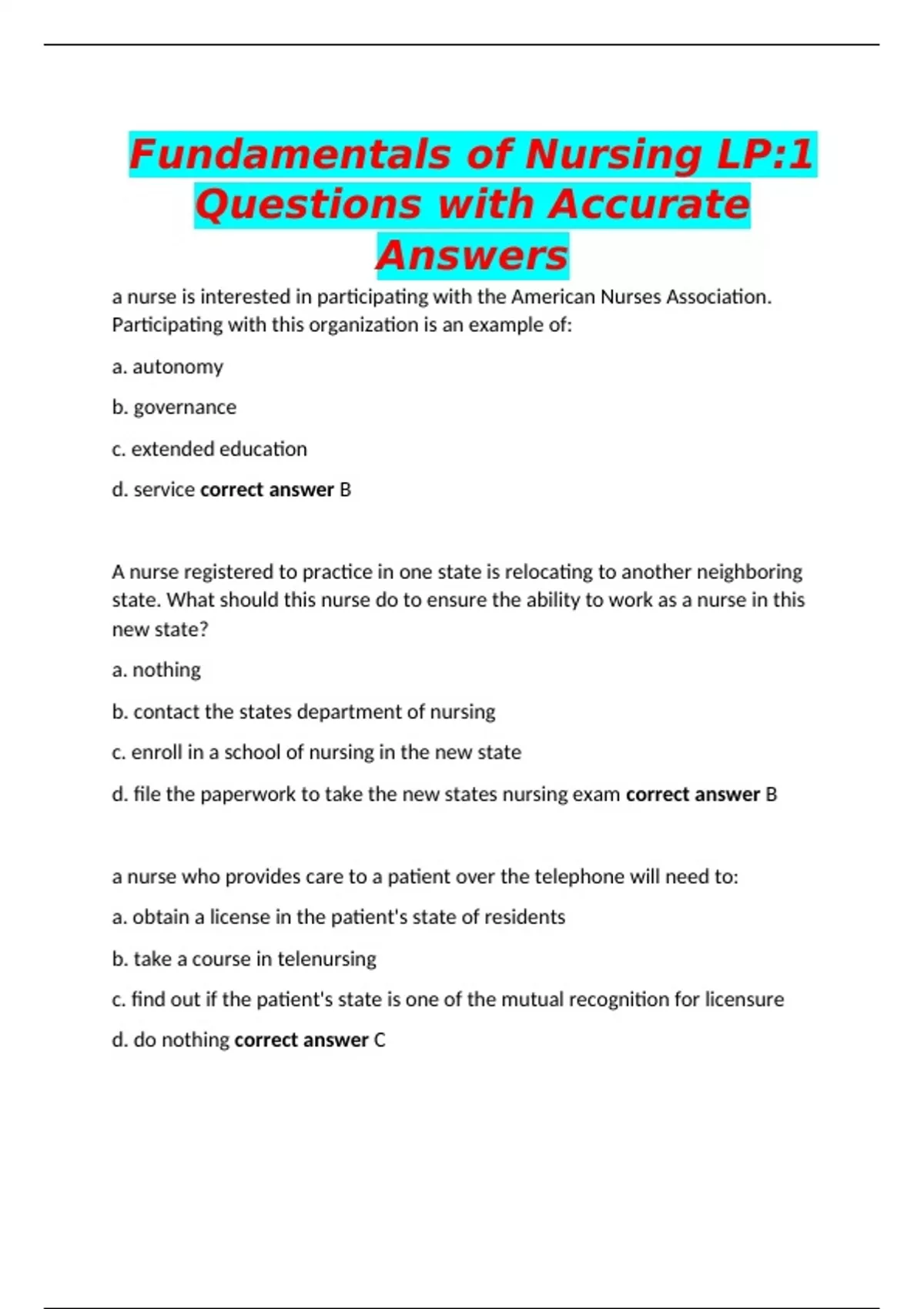 Fundamentals of Nursing LP:1 Questions with Accurate Answers - Clinical ...