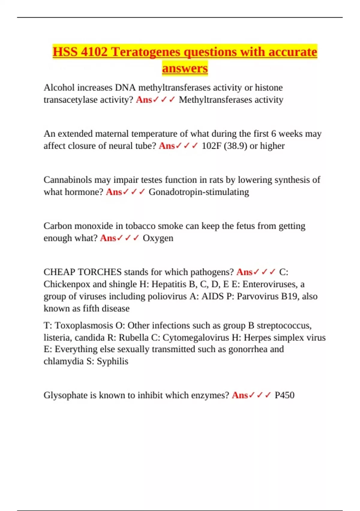 HSS 4102 Teratogenes questions with accurate answers. - HSS - Stuvia US