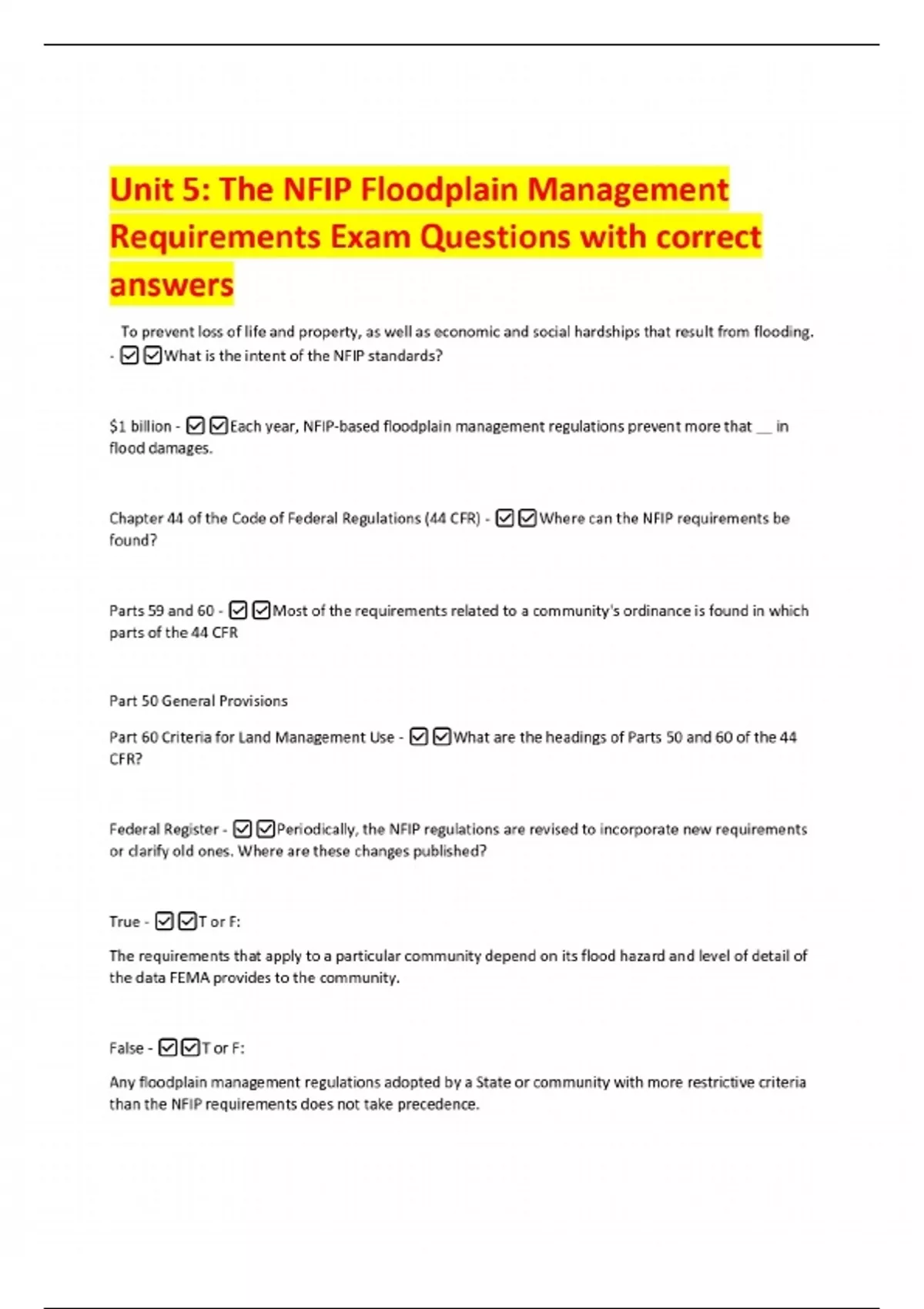 Nfip Documents Unit 5: The NFIP Floodplain Management Requirements Exam Questions with ...