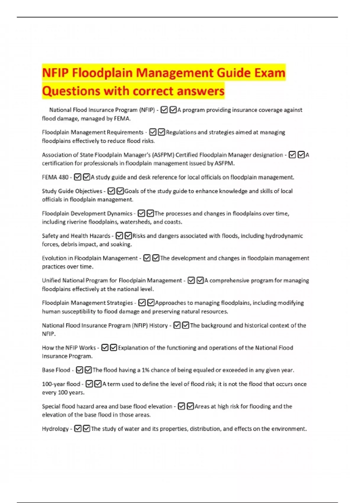 Nfip Floodplain Management Guide Exam Questions With Correct Answers