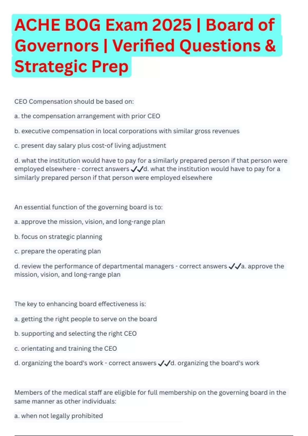 ACHE BOG Exam 2025 | Board of Governors | Verified Questions & Strategic Prep - ACHE BOG - Stuvia US