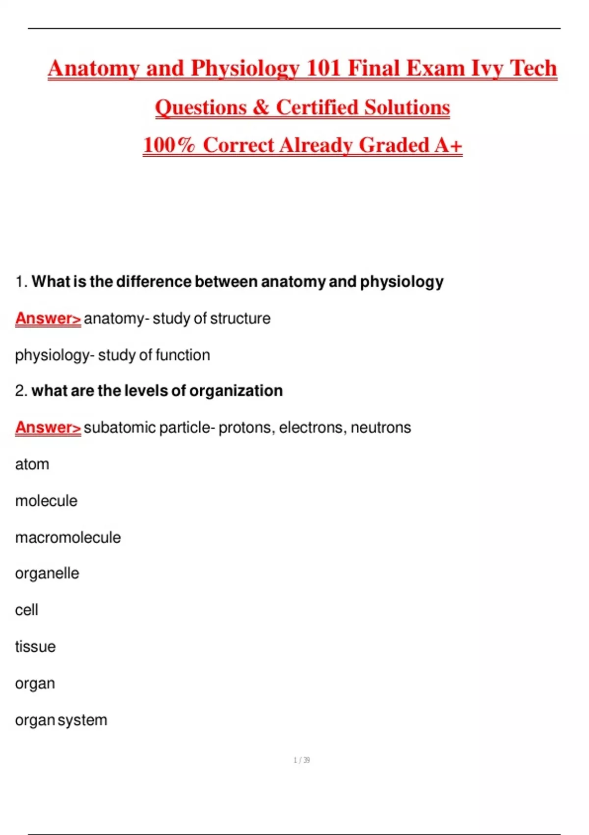 Anatomy and Physiology 101 Final Exam Ivy Tech / Test Review Latest ...