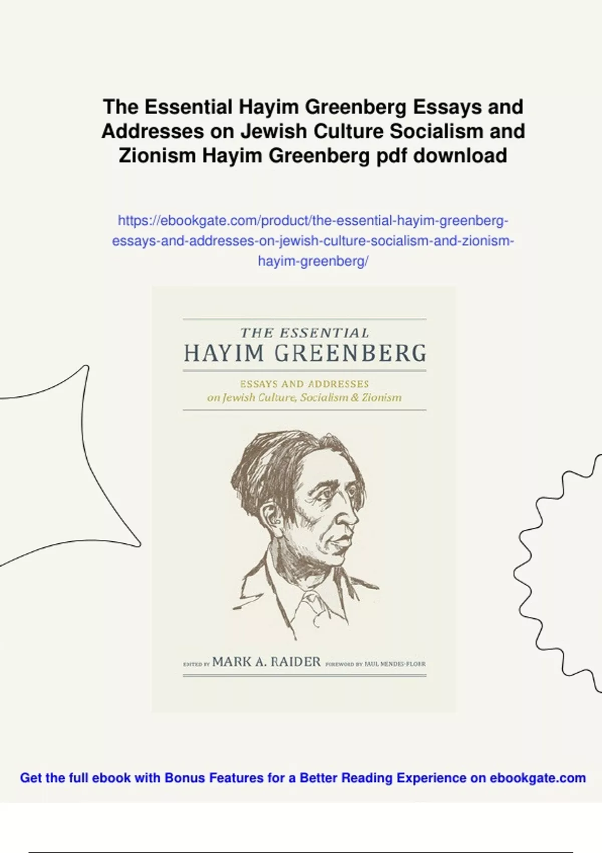 Summary The Essential Hayim Greenberg Essays and Addresses on Jewish ...