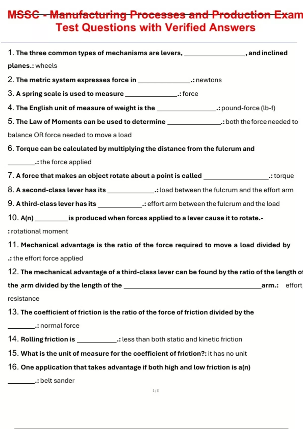 Manufacturing Test Sample MSSC - Manufacturing Processes and Production Exam Test Questions with ...