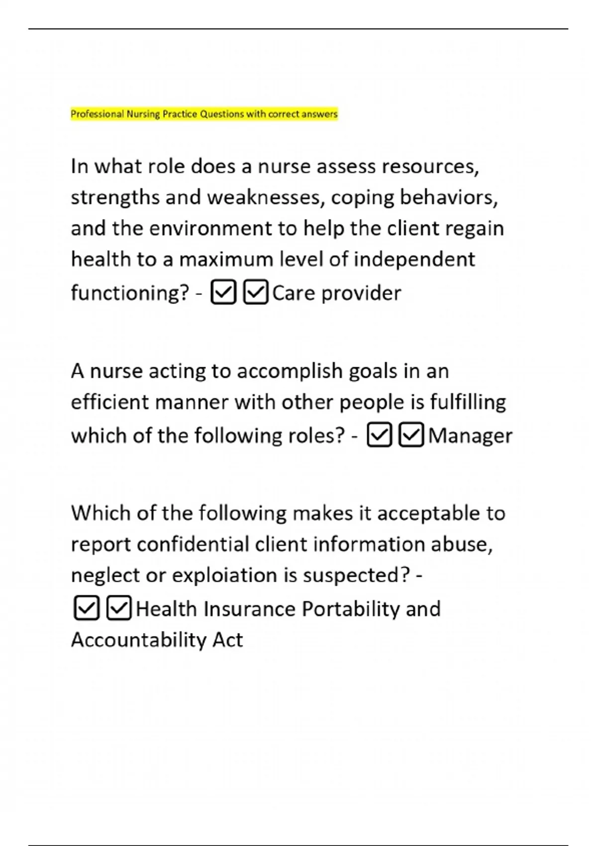 Professional Nursing Practice Questions with correct answers - RN ...
