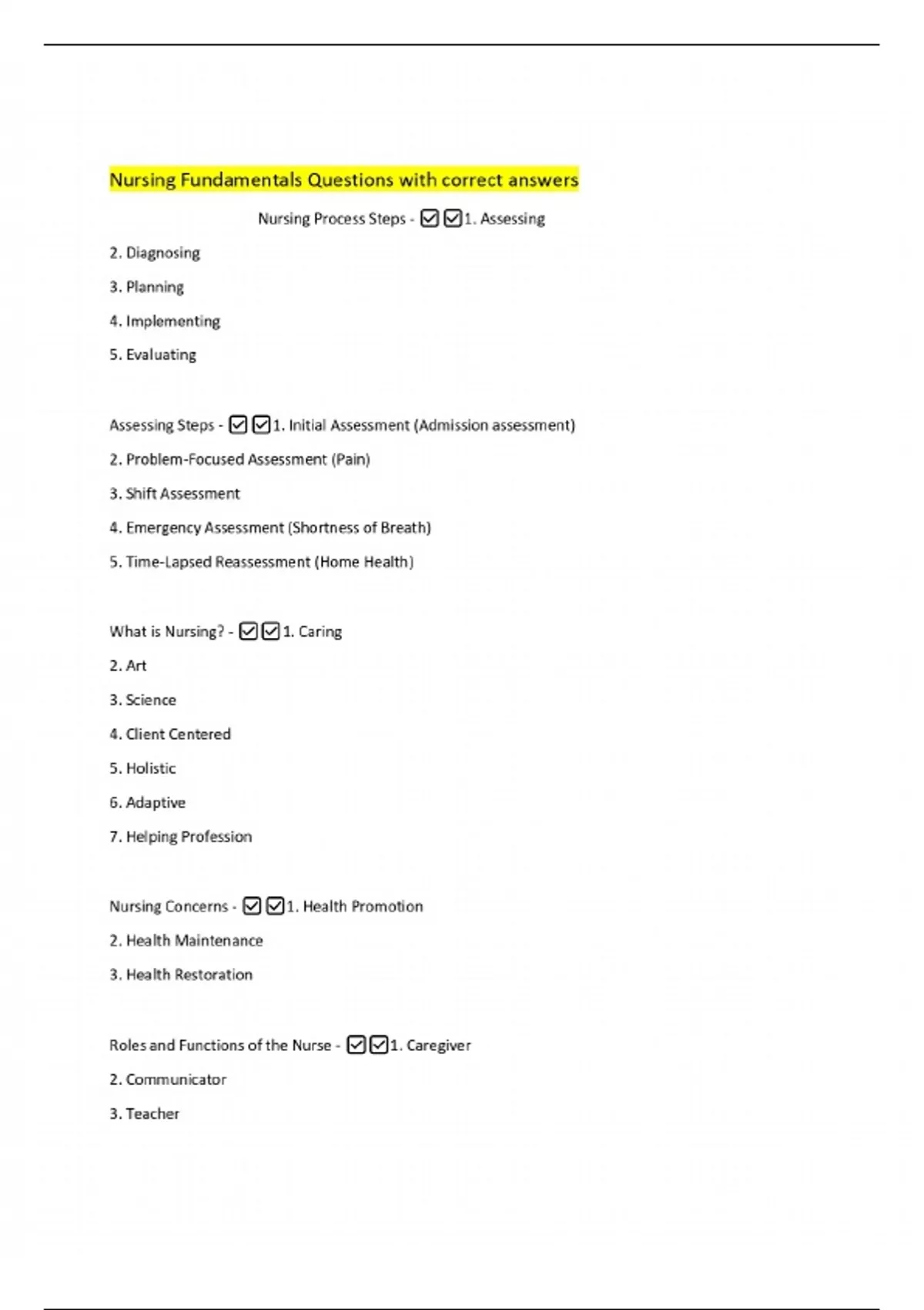 Nursing Fundamentals Questions with correct answers - Nursing - Stuvia US