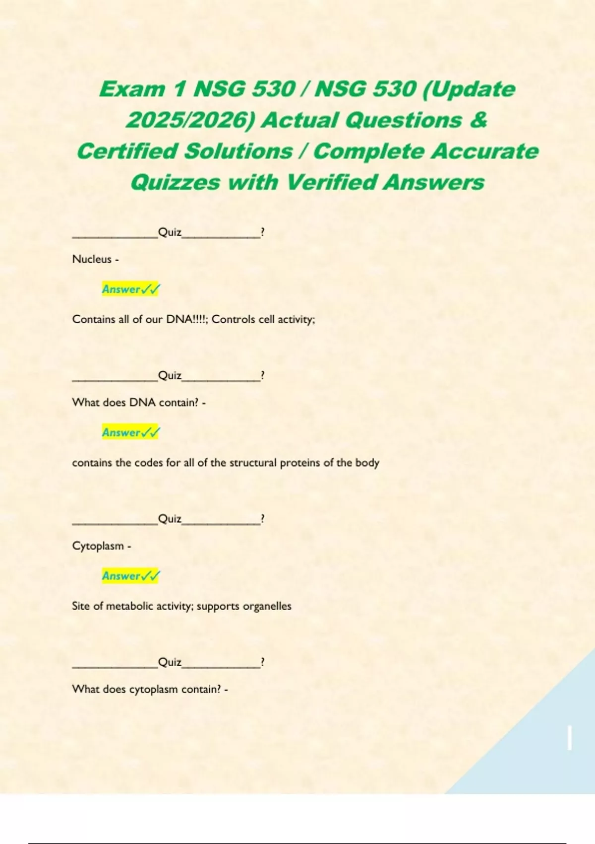 Exam 1 NSG 530 / NSG 530 (Update 2025/2026) Actual Questions ...