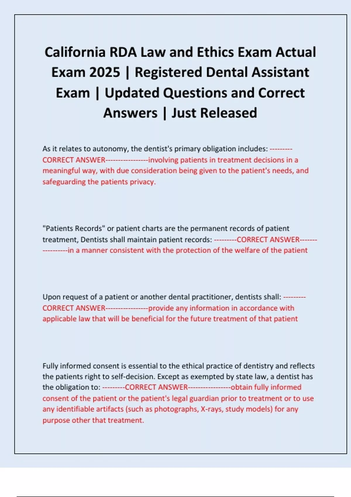 California RDA Law and Ethics Exam Actual Exam 2025 | Registered Dental ...