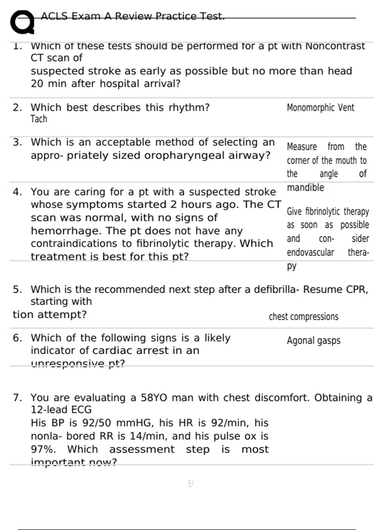 ACLS Exam A Review Practice Test. - AHA ACLS - Stuvia US