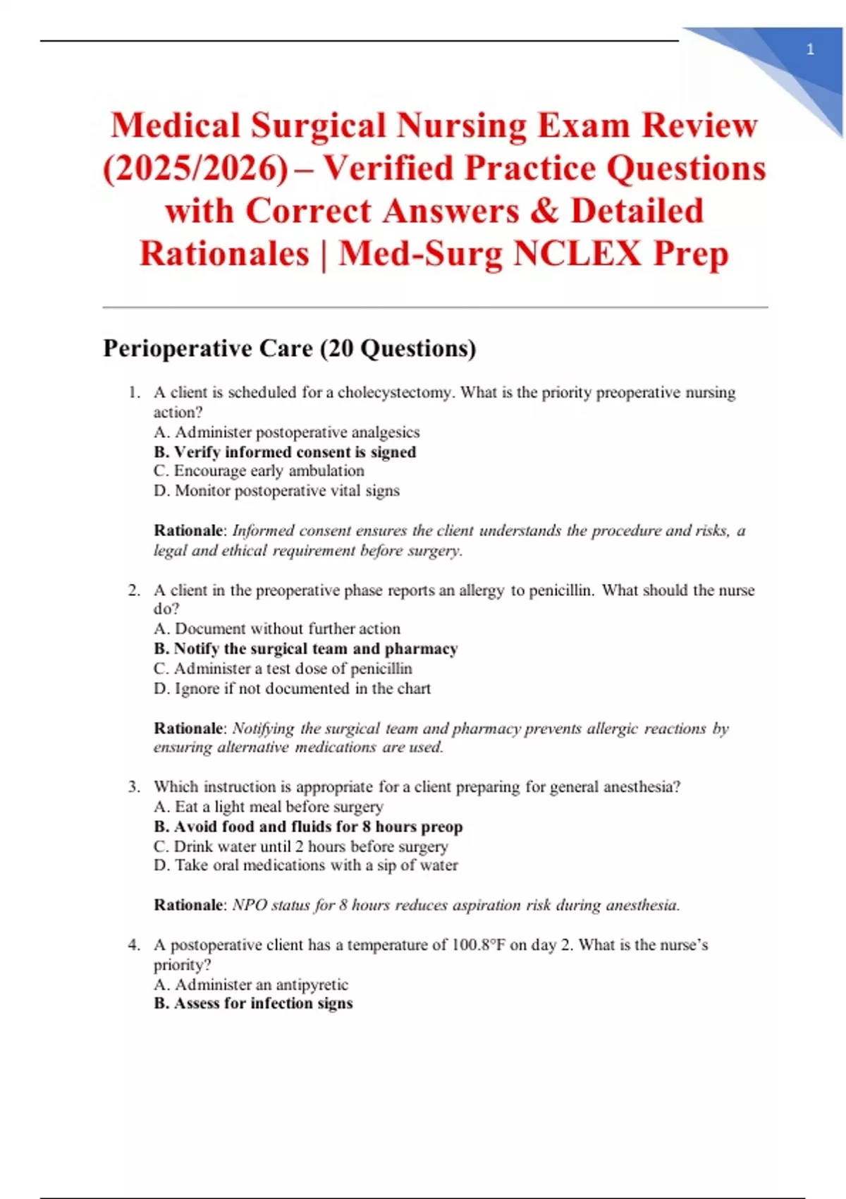 Medical Surgical Nursing Exam Review (2025/2026) – Verified Practice Questions with Correct ...