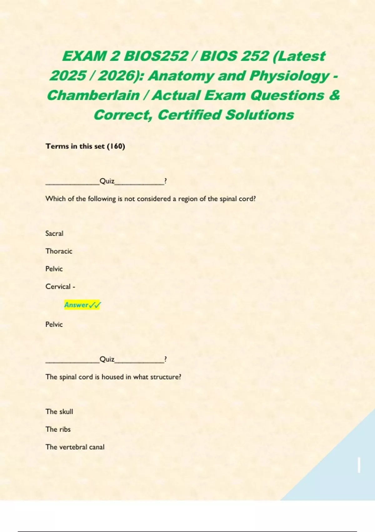 EXAM 2 BIOS252 / BIOS 252 (Latest 2025 / 2026): Anatomy and Physiology ...