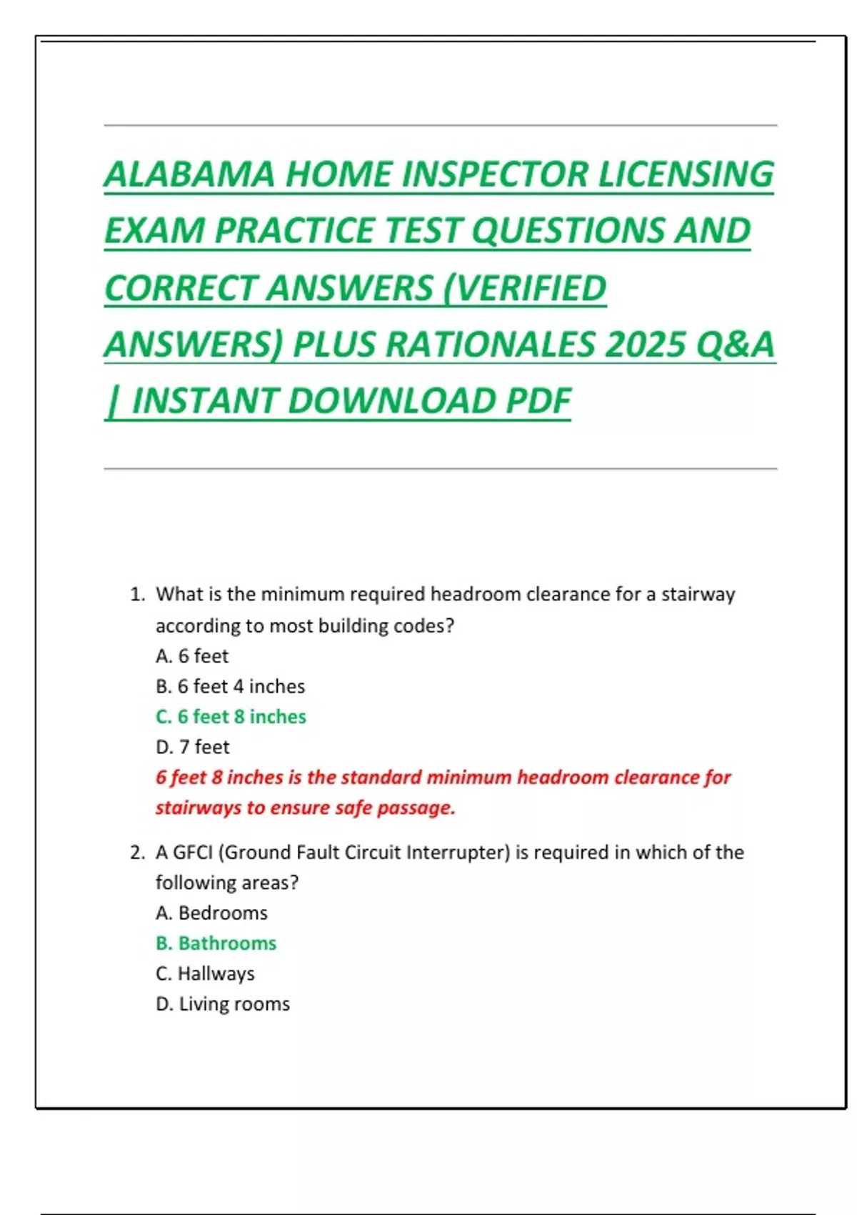 ALABAMA HOME INSPECTOR LICENSING EXAM PRACTICE TEST QUESTIONS AND ...