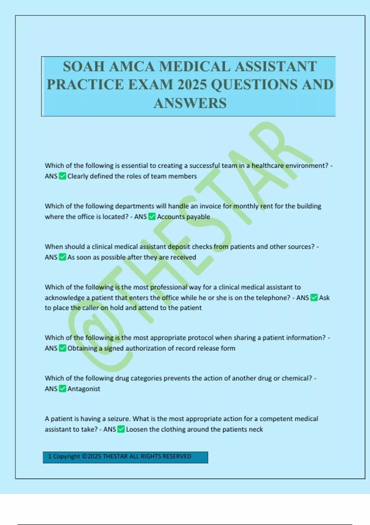 SOAH AMCA MEDICAL ASSISTANT PRACTICE EXAM 2025 QUESTIONS AND ANSWERS ...