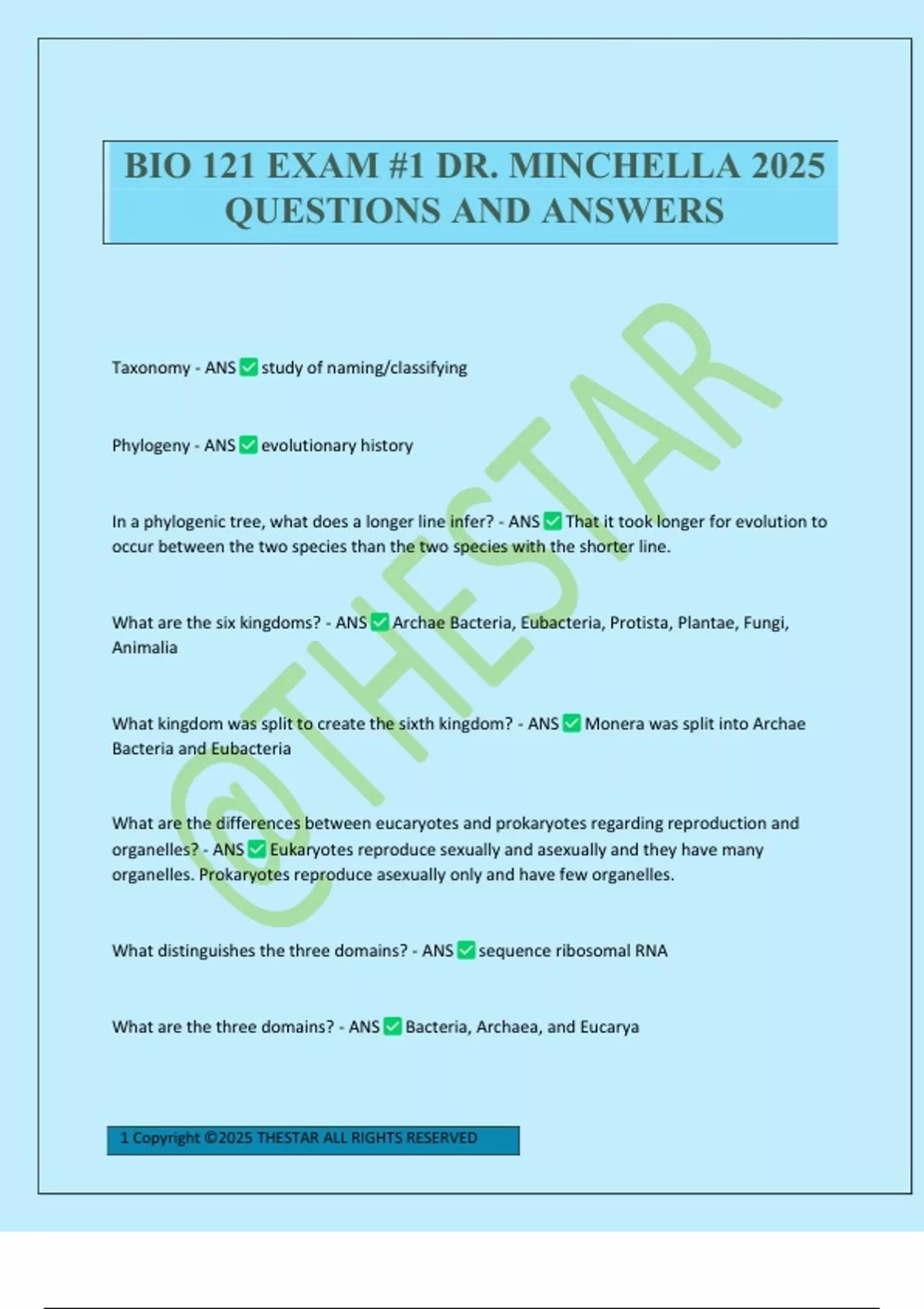 BIO 121 EXAM #1 DR. MINCHELLA 2025 QUESTIONS AND ANSWERS - Biology 121 ...