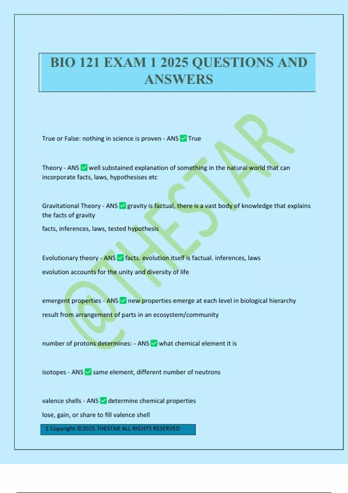 BIO 121 EXAM 1 2025 QUESTIONS AND ANSWERS - Biology 121 - Stuvia US