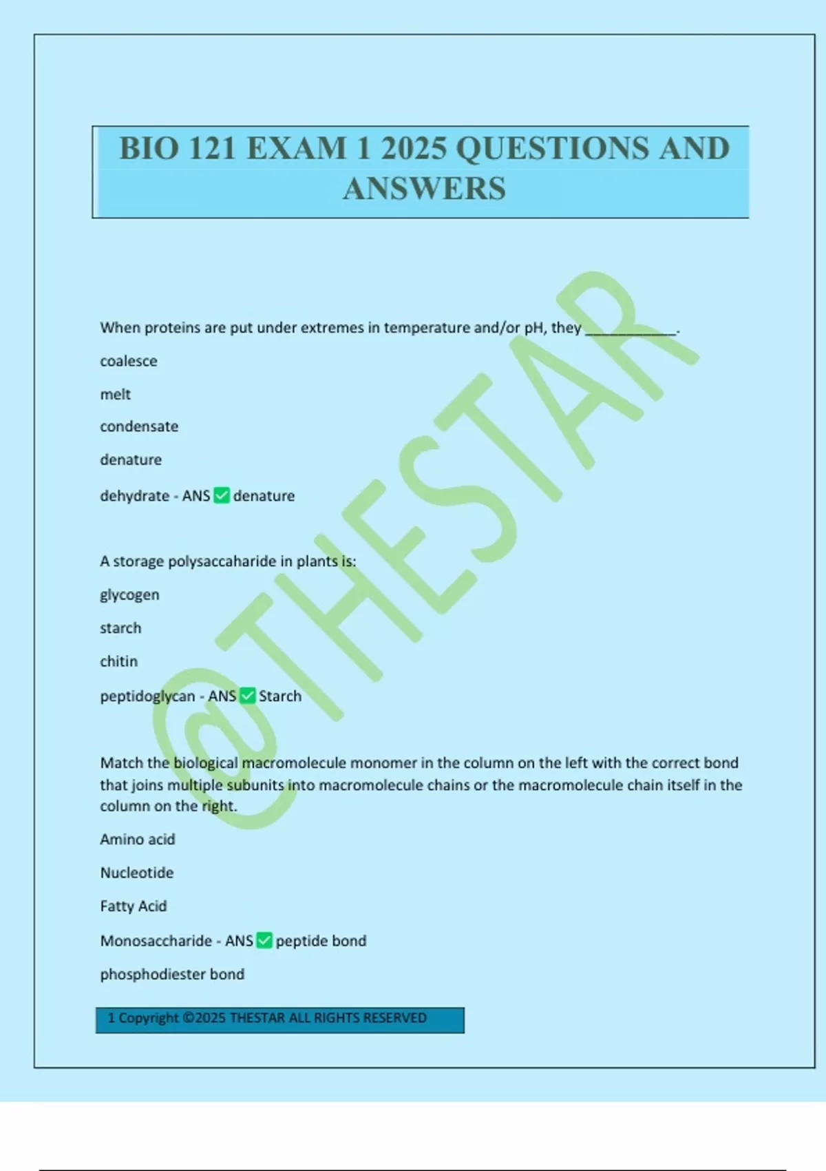 BIO 121 EXAM 1 2025 QUESTIONS AND ANSWERS - Biology 121 - Stuvia US