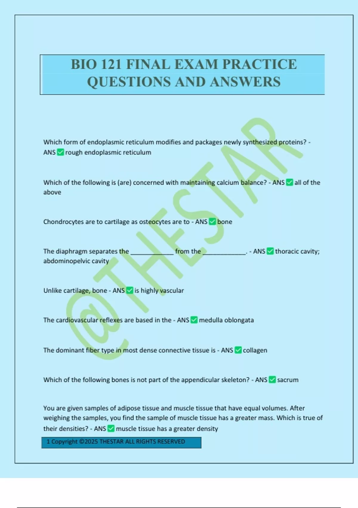 BIO 121 FINAL EXAM PRACTICE QUESTIONS AND ANSWERS - Biology 121 - Stuvia US