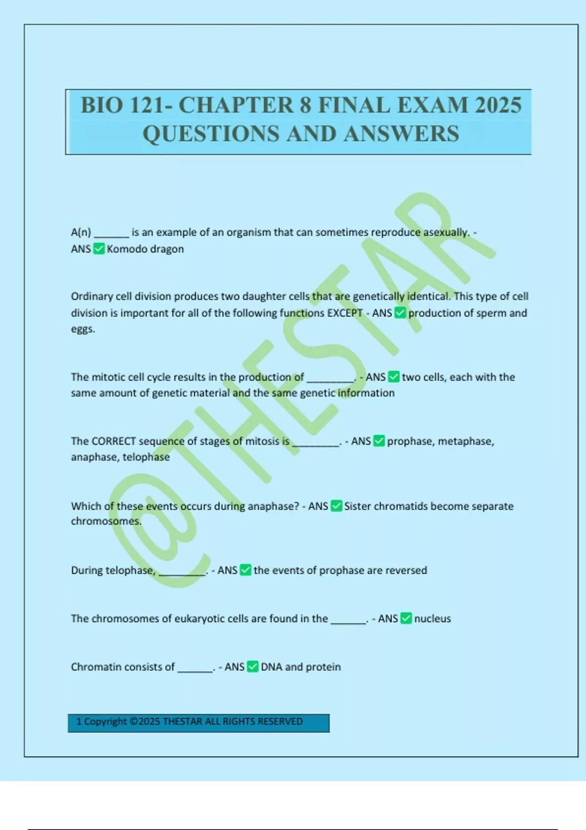 BIO 121- CHAPTER 8 FINAL EXAM 2025 QUESTIONS AND ANSWERS - Biology 121 ...