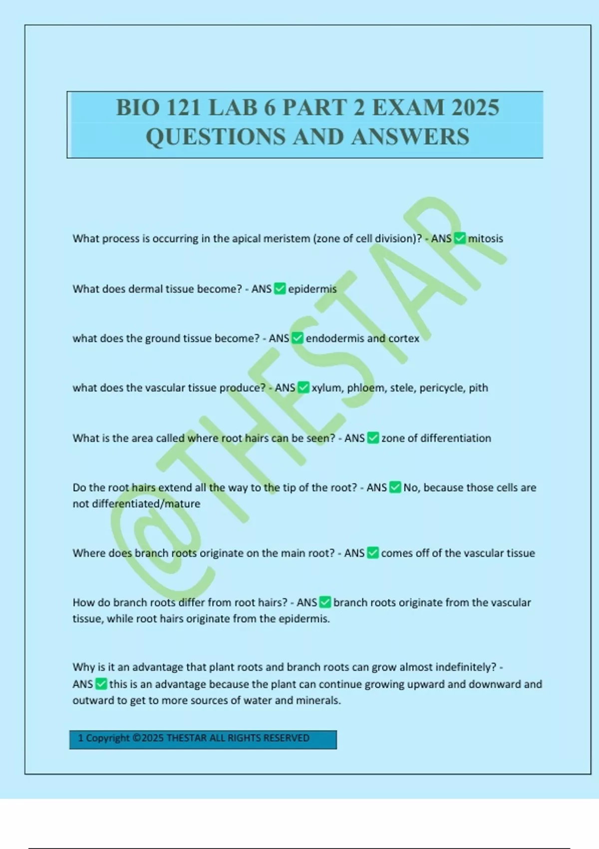 BIO 121 LAB 6 PART 2 EXAM 2025 QUESTIONS AND ANSWERS - Biology 121 ...