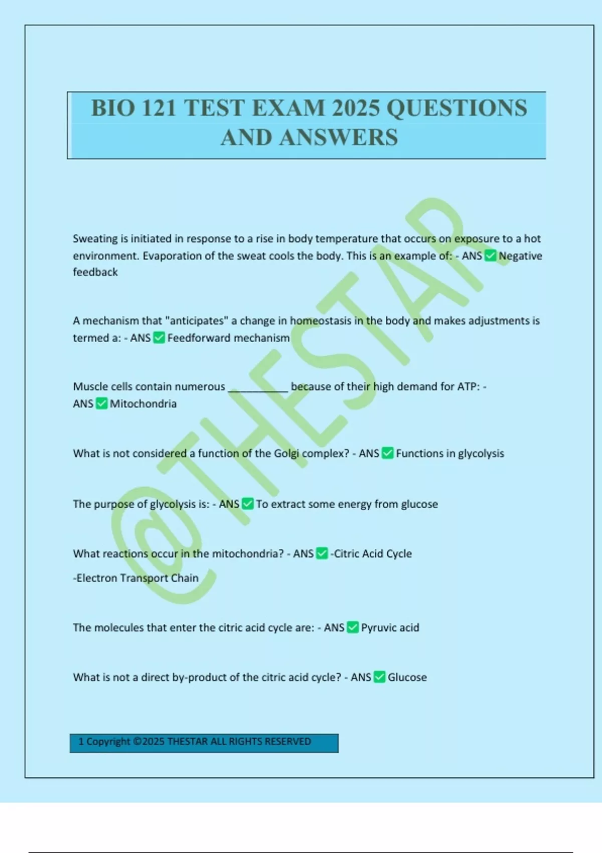 BIO 121 TEST EXAM 2025 QUESTIONS AND ANSWERS - Biology 121 - Stuvia US