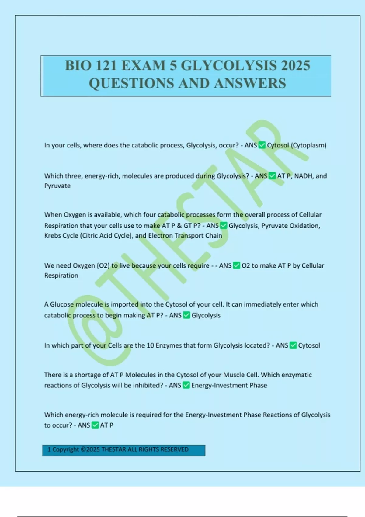 BIO 121 EXAM 5 GLYCOLYSIS 2025 QUESTIONS AND ANSWERS - Biology 121 ...