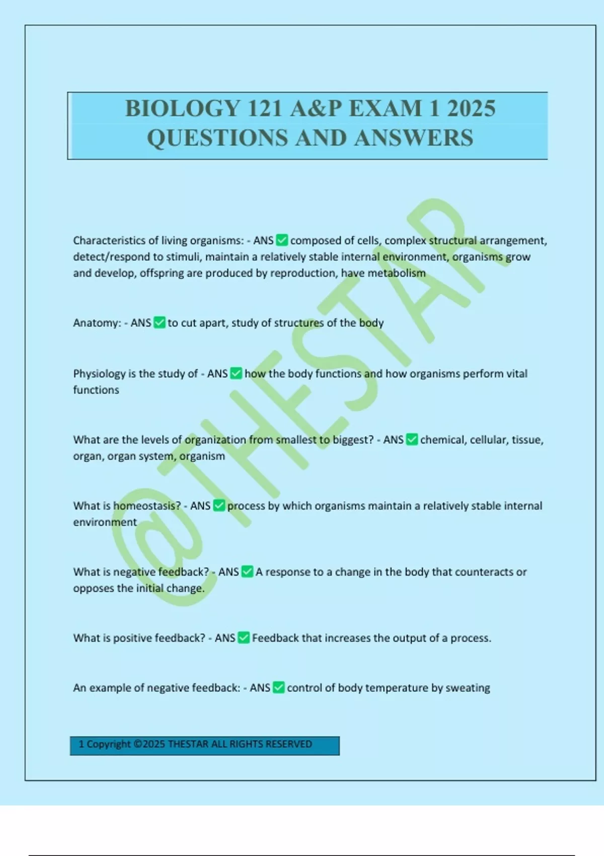 BIOLOGY 121 A&P EXAM 1 2025 QUESTIONS AND ANSWERS - Biology 121 - Stuvia US