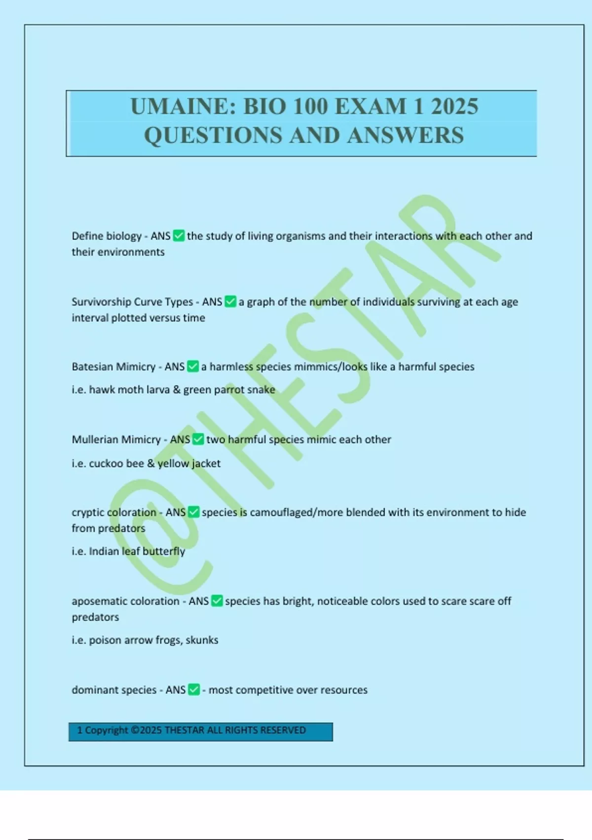 UMAINE: BIO 100 EXAM 1 2025 QUESTIONS AND ANSWERS - BIO 100 - Stuvia US