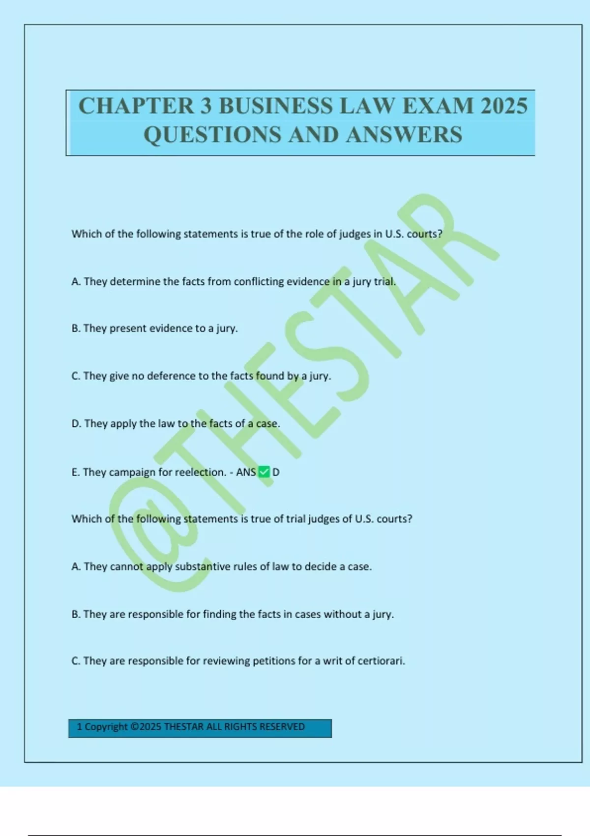 CHAPTER 3 BUSINESS LAW EXAM 2025 QUESTIONS AND ANSWERS - BUSINESS LAW ...