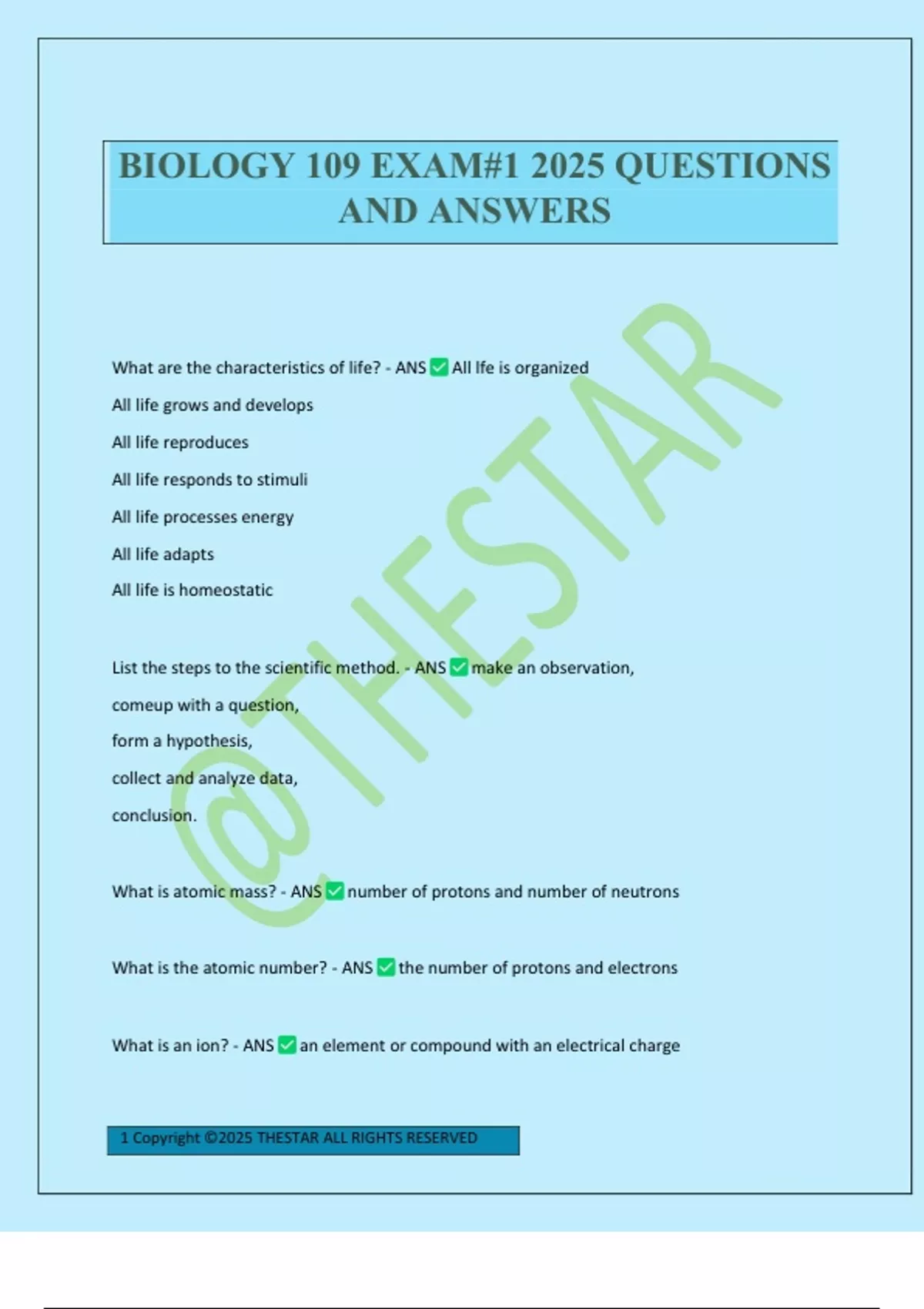 BIOLOGY 109 EXAM#1 2025 QUESTIONS AND ANSWERS - BIO 109 - Stuvia US