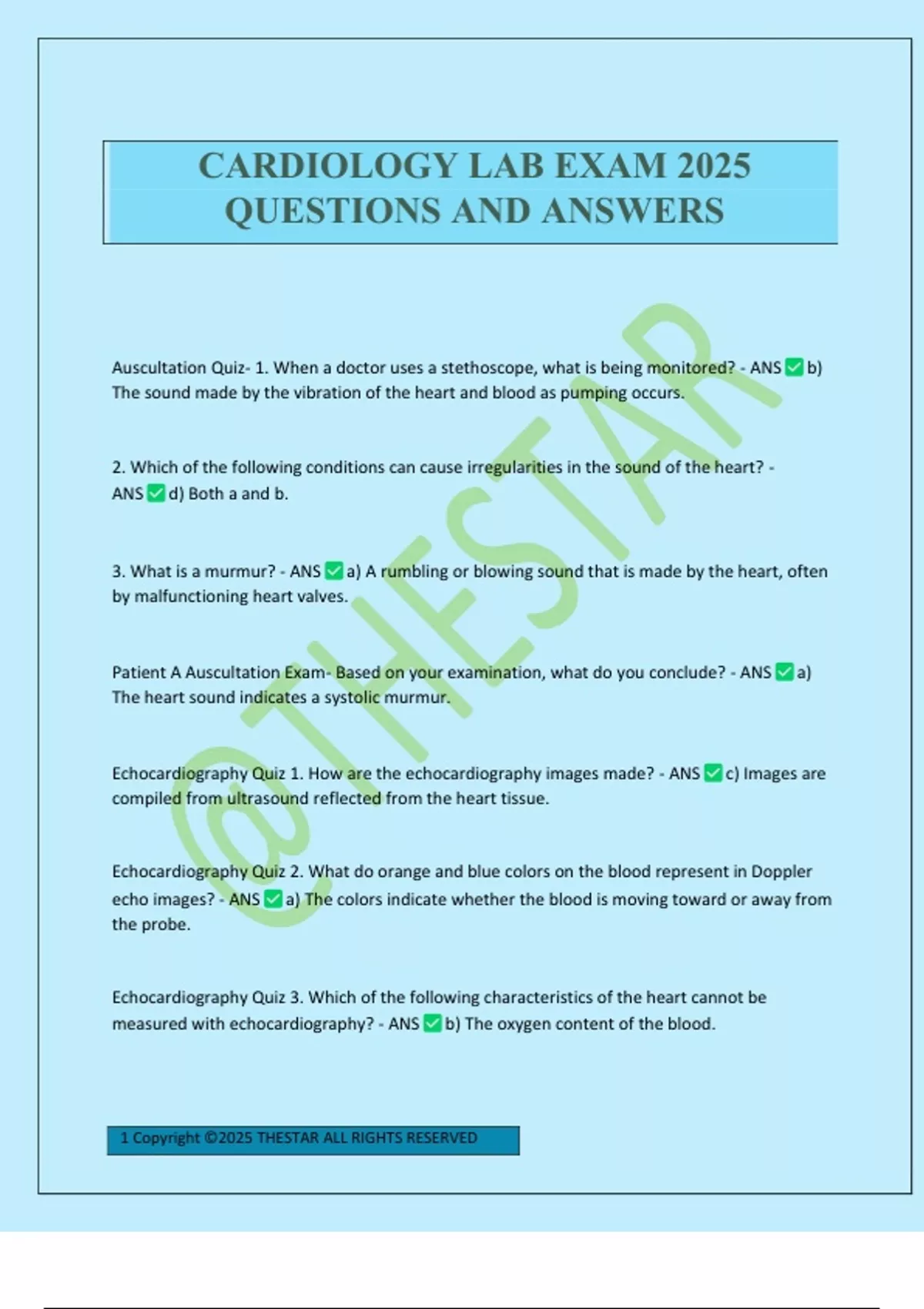 Cardiologist Questions CARDIOLOGY LAB EXAM 2025 QUESTIONS AND ANSWERS - CARDIOLOGY - Stuvia US