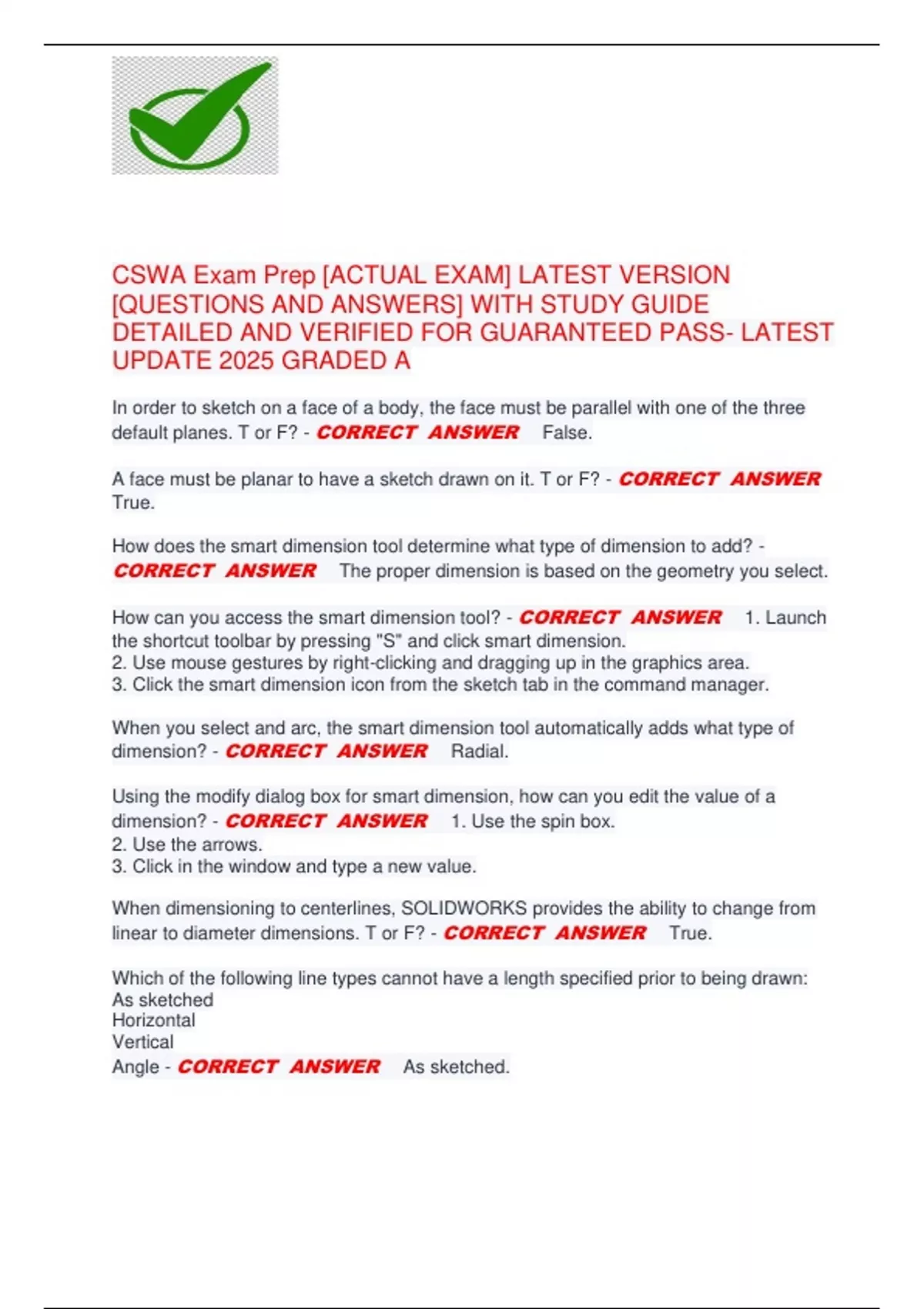 CSWA Exam Prep [ACTUAL EXAM] LATEST VERSION [QUESTIONS AND ANSWERS ...