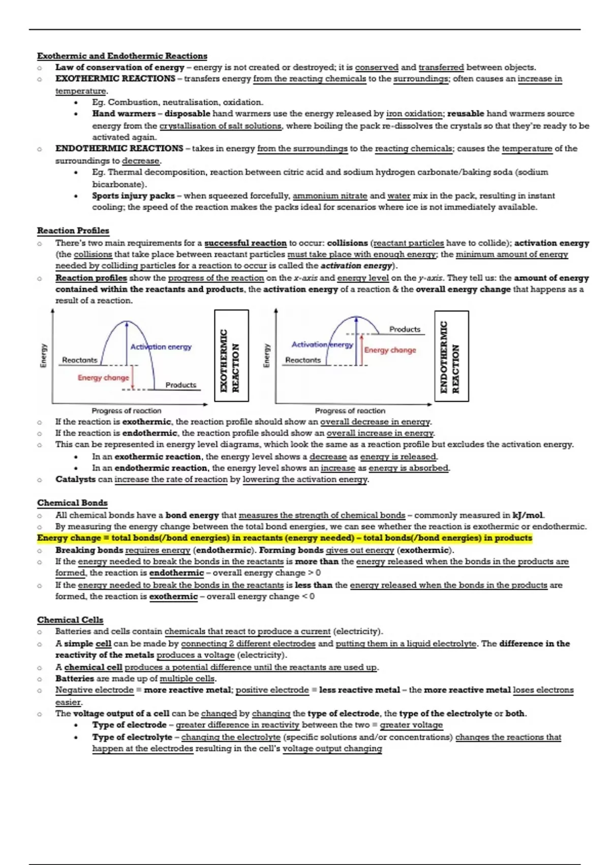 Summary AQA GCSE Chemistry Unit 5: Energy Changes Complete Notes ...