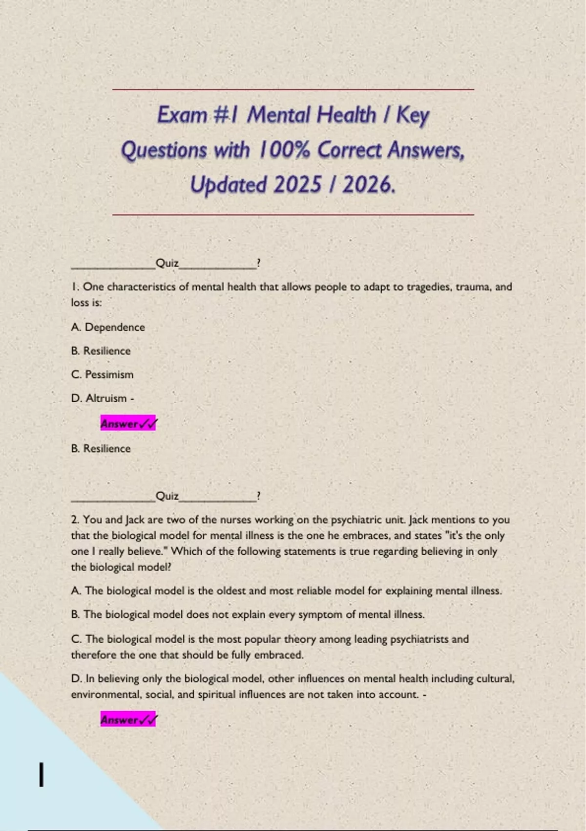 Exam #1 Mental Health / Key Questions with 100% Correct Answers ...