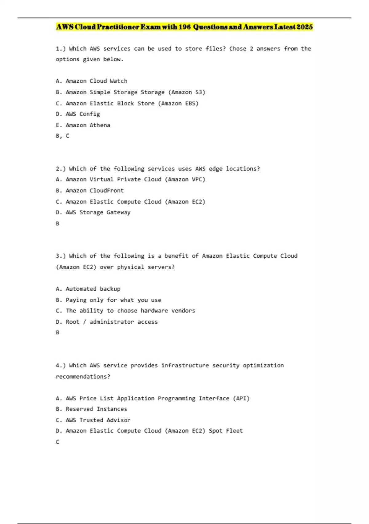 AWS Cloud Practitioner Exam with 196 Questions and Answers Latest 2025 ...