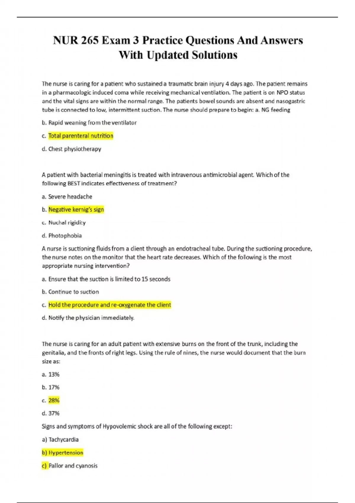 NUR 265 Exam 3 Practice Questions And Answers With Updated Solutions ...