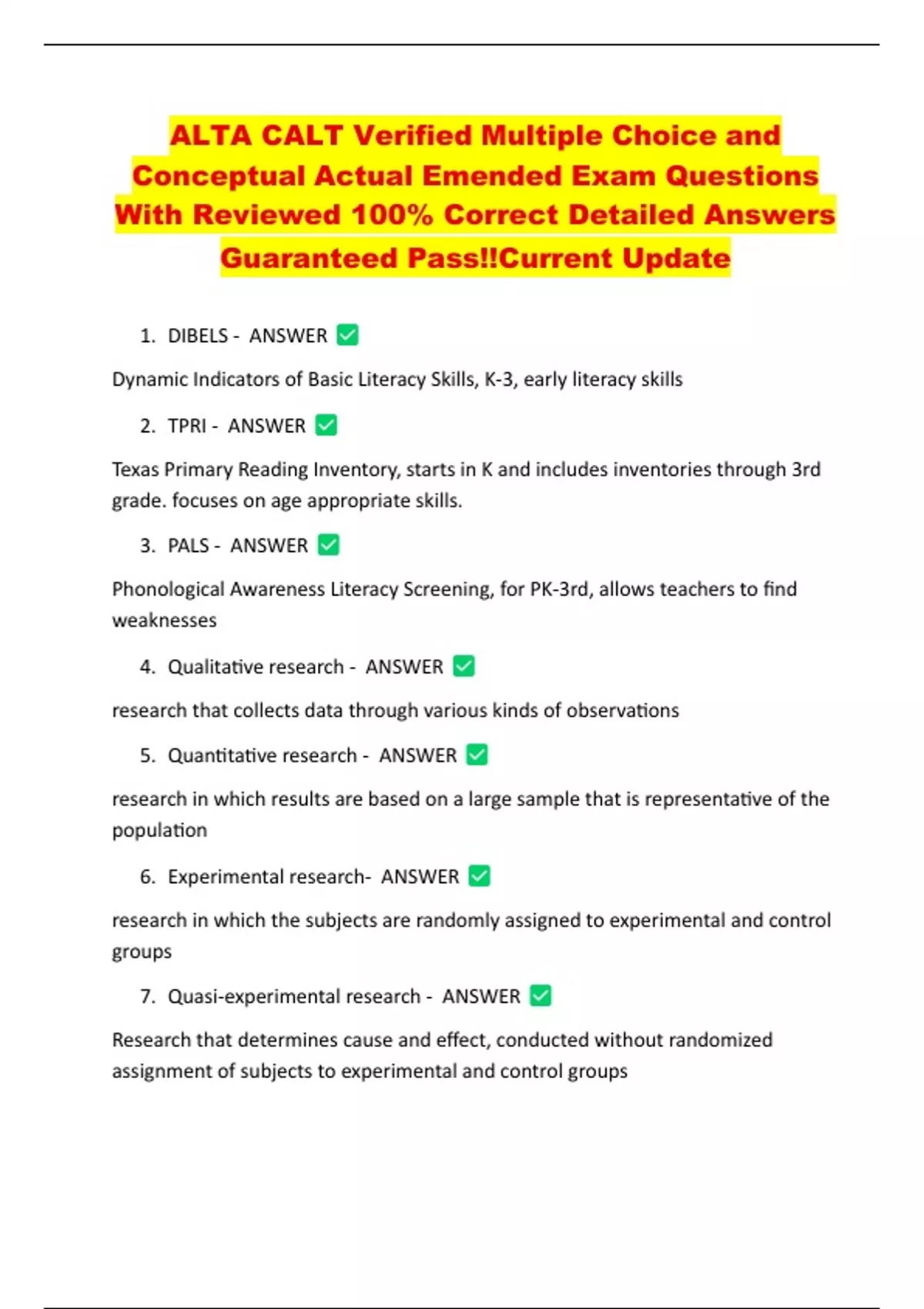 ALTA CALT Verified Multiple Choice and Conceptual Actual Emended Exam ...