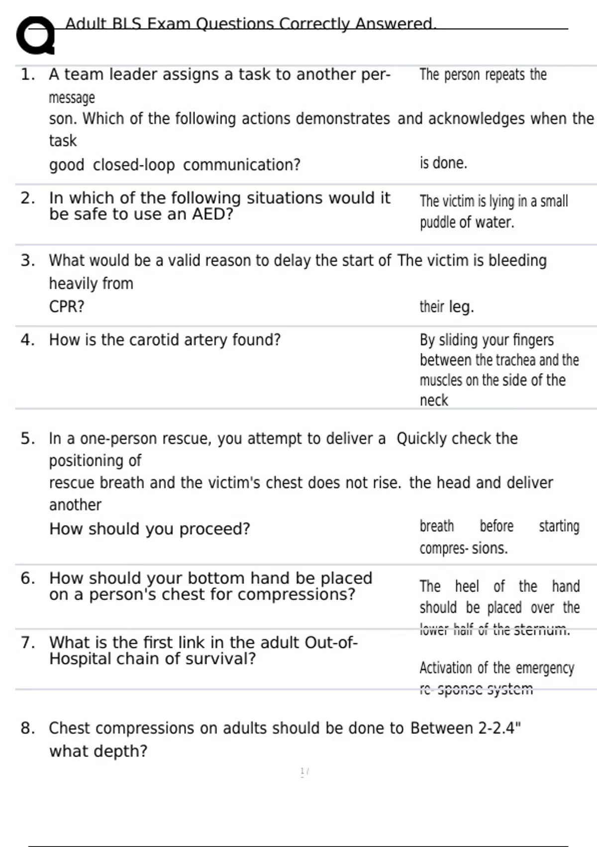 Adult BLS Exam Questions Correctly Answered. - Bls - Stuvia US