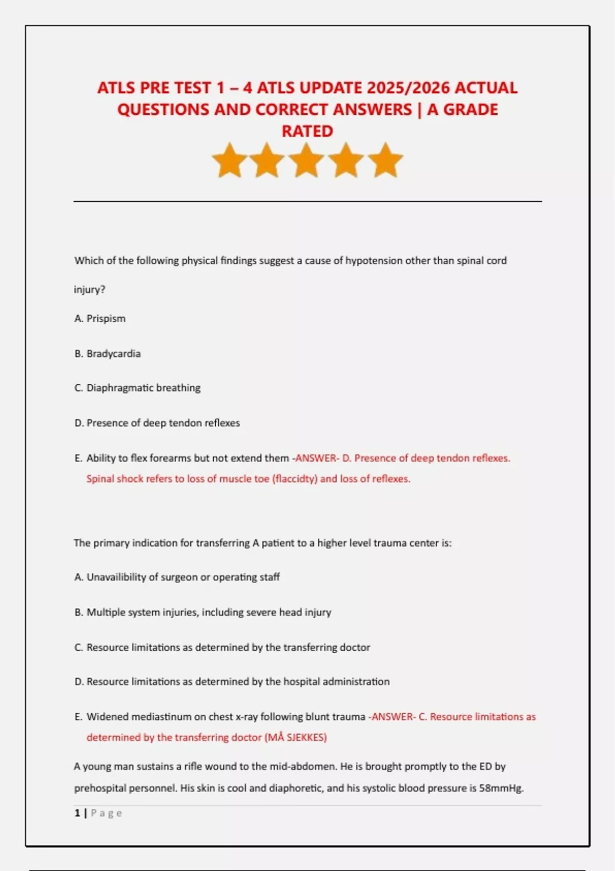 Atls Update ATLS PRE TEST 1 – 4 ATLS UPDATE 2025/2026 ACTUAL QUESTIONS AND CORRECT ...