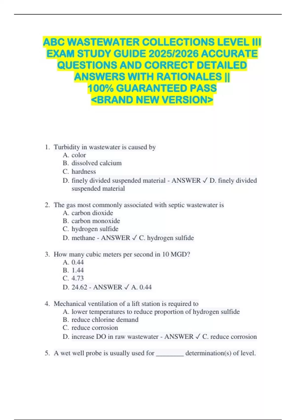 ABC WASTEWATER COLLECTIONS LEVEL III EXAM STUDY GUIDE 2025/2026 ACCURATE QUESTIONS AND CORRECT ...