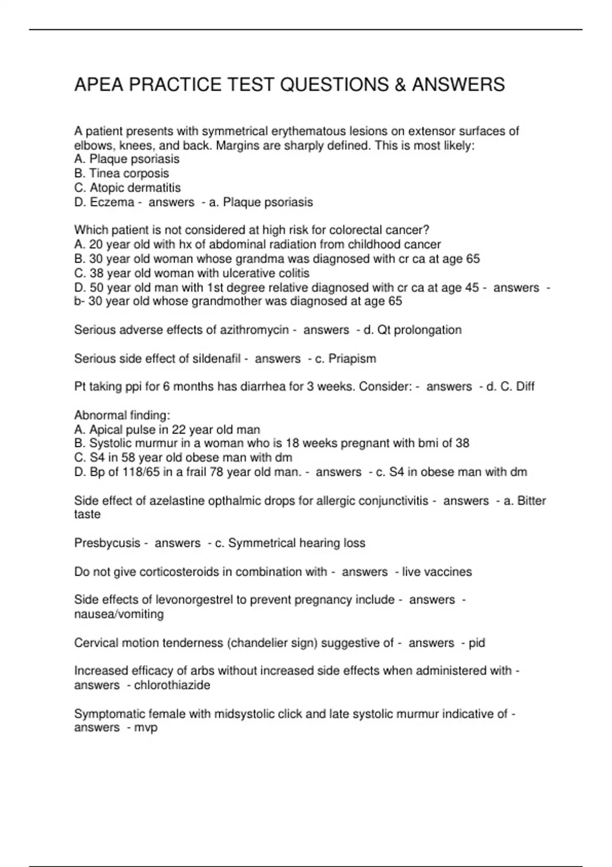 APEA PRACTICE TEST QUESTIONS & ANSWERS - APEA - Stuvia US