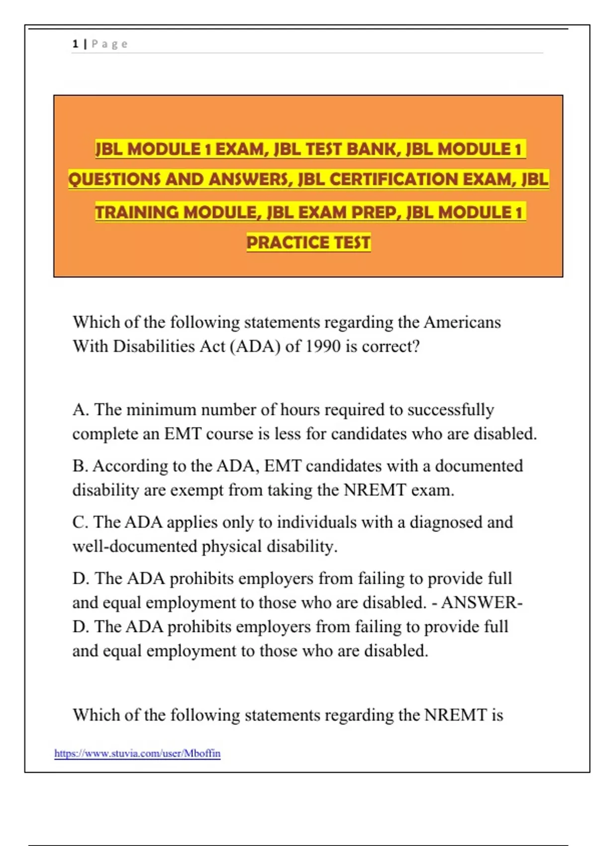 JBL MODULE 1 EXAM, JBL TEST BANK, JBL MODULE 1 QUESTIONS AND ANSWERS ...