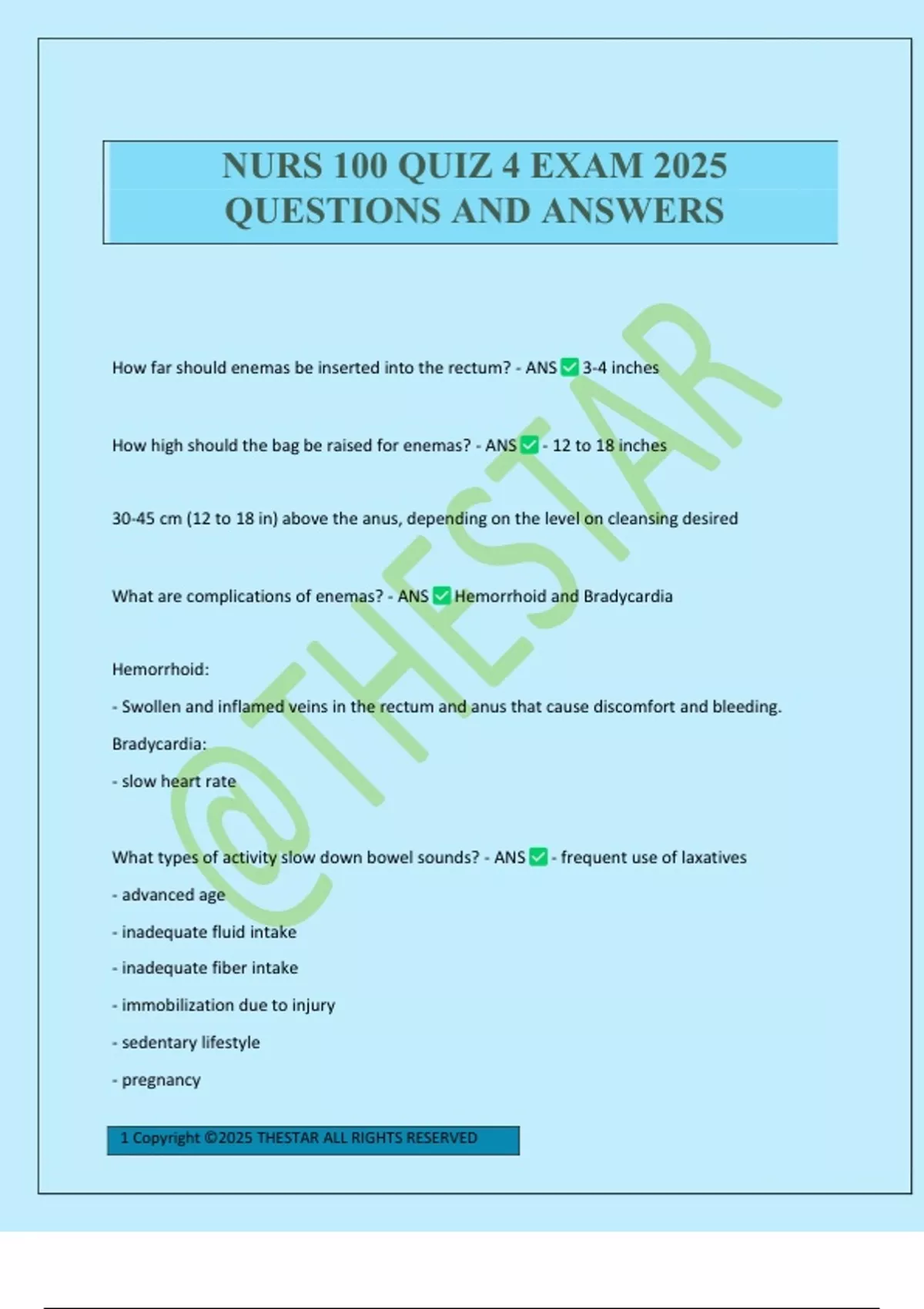 NURS 100 QUIZ 4 EXAM 2025 QUESTIONS AND ANSWERS - NURS 100 - Stuvia US