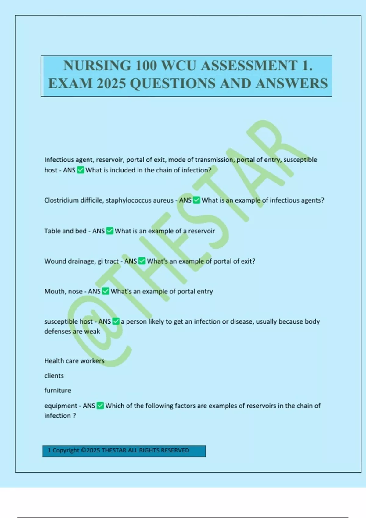 NURSING 100 WCU ASSESSMENT 1. EXAM 2025 QUESTIONS AND ANSWERS - NURSING ...