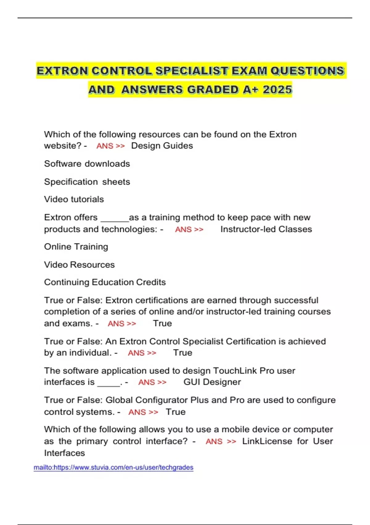 EXTRON CONTROL SPECIALIST EXAM QUESTIONS AND ANSWERS GRADED A+ 2025 ...