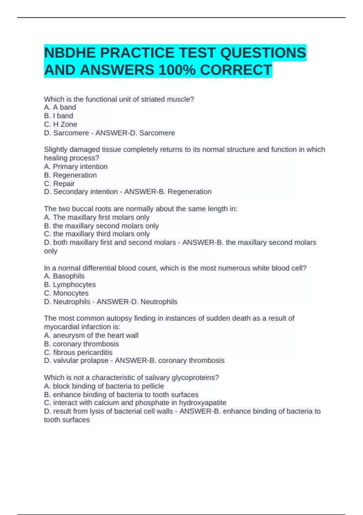 NBDHE PRACTICE TEST QUESTIONS AND ANSWERS 100% CORRECT - NBDHE - Stuvia US