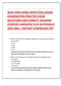 NEW YORK HOME INSPECTOR LICENSE  EXAMINATION PRACTICE EXAM  QUESTIONS AND CORRECT ANSWERS  &lpar;VERIFIED ANSWERS&rpar; PLUS RATIONALES  2025 Q&A &vert; INSTANT DOWNLOAD PDF